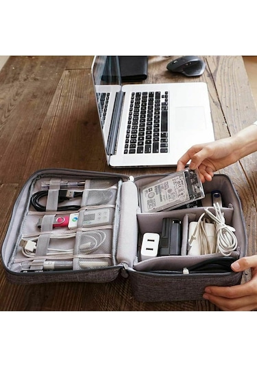 Aksesuar Kablo Çantası Powerbank Saklama Taşıma Organizer Çantası Gri