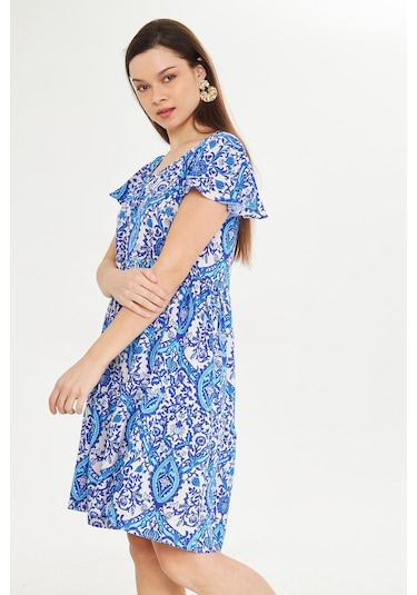 Mavi Yuvarlak Yakalı Kısa Mendil Kol Etnik Otantik Desenli Rahat Kesim A-line Kısa Elbise Mavi-beyaz