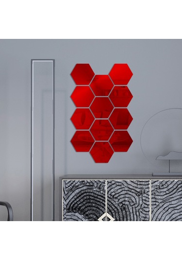 Mufunye Kırmızı Akrilik Hexagon Yansıtmali Duvar Sticker Seti 12 Adet - 20x17x10cm, Çocuk Odası/banyo Dekorasyonu, Dıy Desenler, Kolay Kurulum Kırmızı
