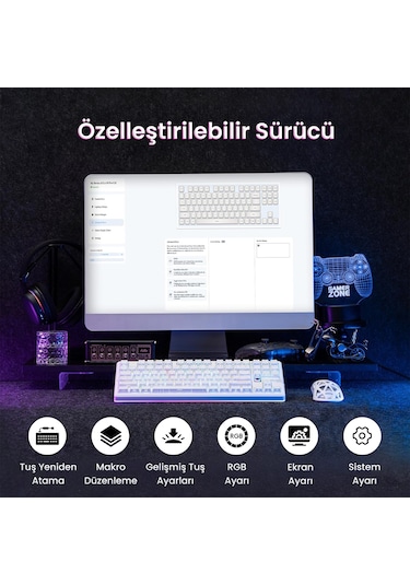 Aula F87 Pro V2 Mekanik Rgb Tkl Star Vector Switch Kablosuz Makrolu Hot Swap Klavye Desenli Beyaz