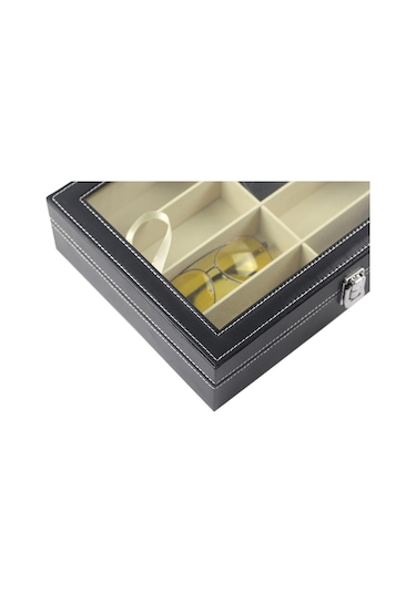 Ruicoo 8 Bölmeli Pu Deri Gözlük Kutusu - Cam Kapaklı Gösterimli Çift Katlı Gözlük Ve Saat Saklama Kutusu