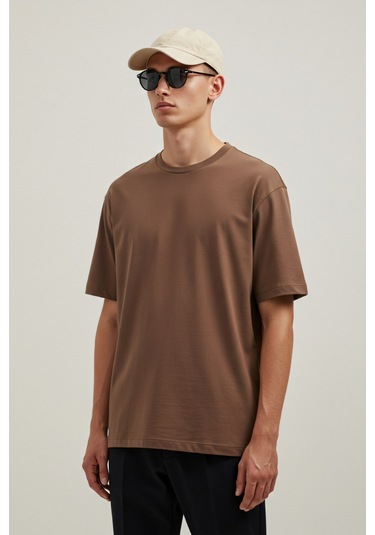 Erkek Oversize Basic Tişört Unisex %100 Pamuk Rahat Kalıp Erkek Tam Oversize Tişört Kahverengi