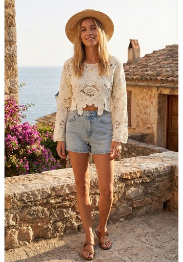 Sayzen Your Shine Dantel Işleme Crop Bluz Sy-shn04 Ekru