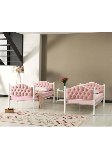 Argimo Melis Çift Katlı Metal Ranza ve Karyola 90 x 190 CM Yatak Ölçülü Pembe