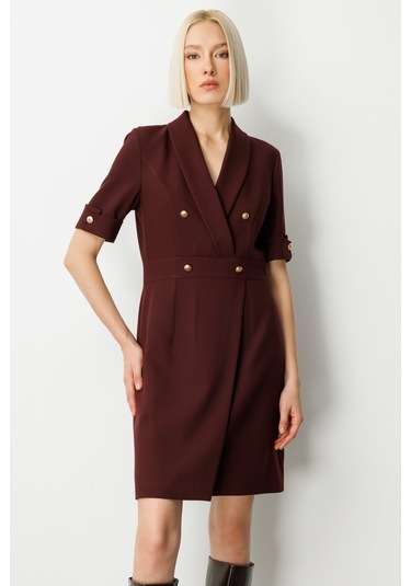 Ekol Kadın Kruvaze Yaka Süs Düğmeli Elbise 4017 Bordo Bordo