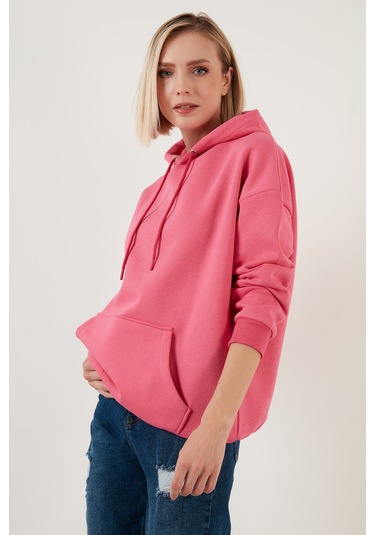 Lela Regular Fit Pamuklu Kapüşonlu Yaka Şardonlu Kışlık Bayan Sweat 5863854 Fuşya