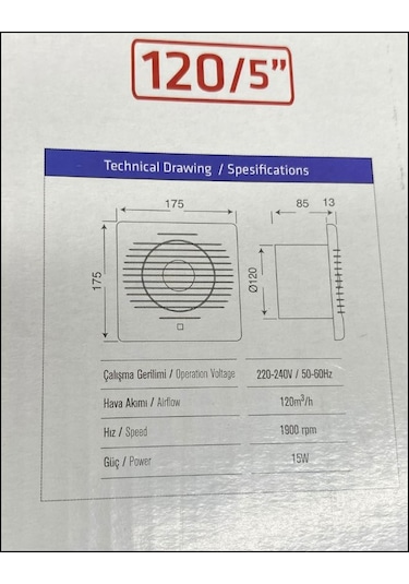 120'lik Banyo Tuvalet Aspiratör Havalandırma Fanı 12 CM Çaplı