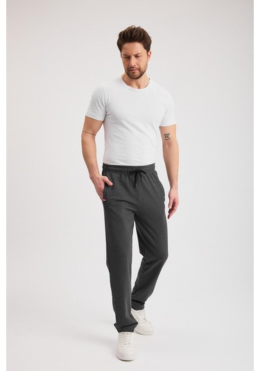 Antrasit Erkek Fermuarlı Cepli Nakış Detaylı Düz Paça Rahat Kesim Günlük Eşofman Altı Antrasit