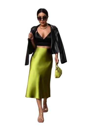 Kadın Saten Kalça Balık Etek Zeytin Yeşili