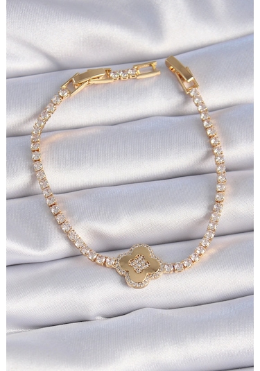 Pirinç Gold Renk Zirkon Taşlı Yonca Model Kadın Bileklik Çok Renkli