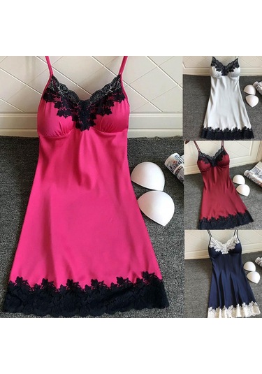 Saten Pijamalar Kadın Bayan Kıyafeti Gecelik Seksi İç Çamaşırı Göğüs Pedleri İle Gümüş