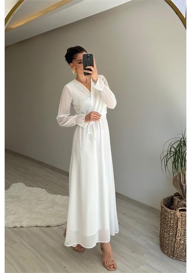 Neşeli Butik Kadın Uzun Kollu Kuşaklı Maxi Şifon Elbise Nm001 Beyaz