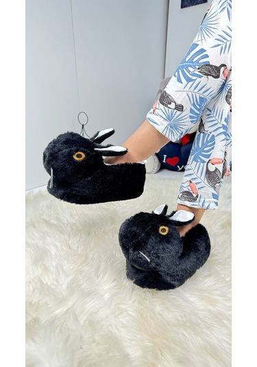 Kadın Panduf Tavşan Figürlü Peluş Ev Botu Desenli Düz Taban Rahat Hafif 359 Siyah