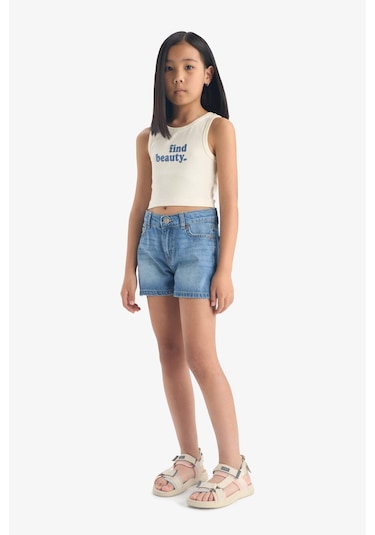 Defacto Kız Çocuk Bisiklet Yaka Baskılı Crop Atlet C4717a825smer99 Ekru