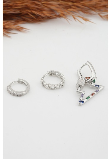 Kadın Altın Kaplama Kararmaz Şimşek Figürlü 3'Lü Zirkon Set Küpe Gümüş-M