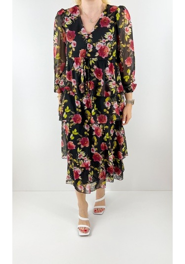 Modaonna Kat Kat Şifon Çiçekli Elbise Çok Renkli