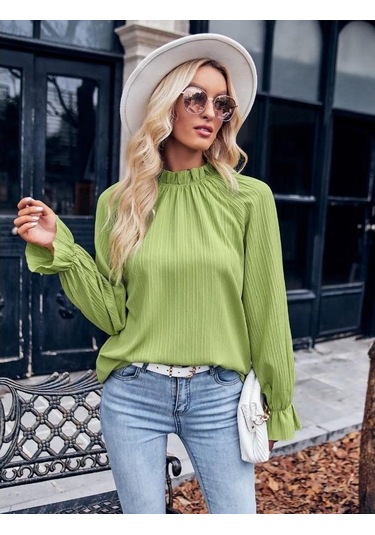 İlkbahar Ve Sonbahar Kadın Bluz Fırfırlı Yaka Jakarlı Gevşek Mizaç Banliyö Uzun Kollu Üst Yeşil İlkbahar Ve Sonbahar Kadın Bluz Fırfırlı Yaka Jakarlı Gevşek Mizaç Banliyö Uzun Kollu Üst Yeşil
