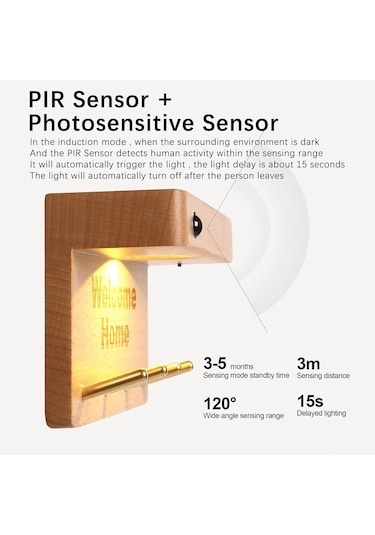 Geeksen Ahşap Anahtar Tutucu, Hareket Sensörlü Led Gece Lambası, Manyetik Ve Şarj Edilebilir, 0.4w, Kahverengi Kahverengi