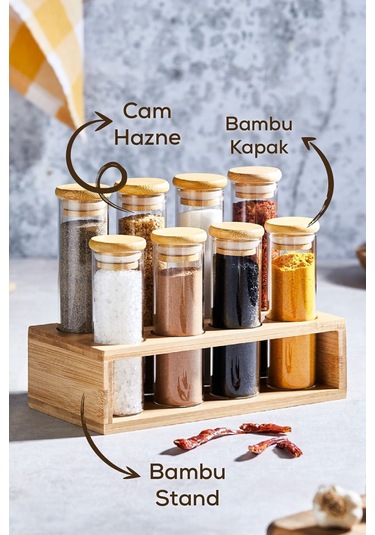 Vienev Bambu 8li Cam Baharatlık Standlı Ahşap