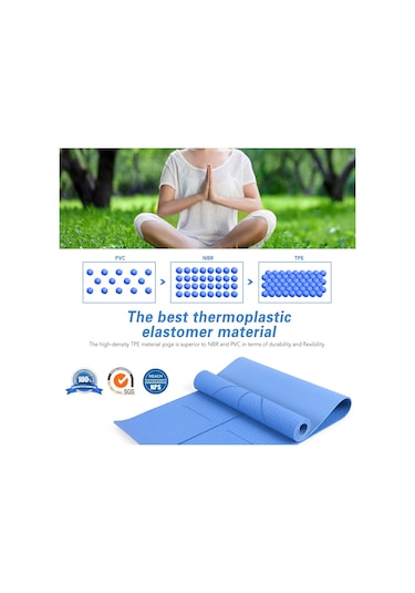 Ranyeek Tomshoo Mavi Tpe Yoga Matı 183x61x0.6cm - Vücut Hizalama Çizgileri, İki Yönlü Kaymazsız, Taşınabilir Set Çantası Ve Kayış İle Mavi