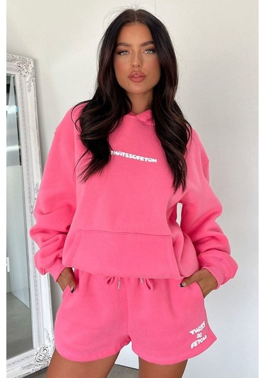 Thatsofetch Sweatshirt - Pembe Baskılı Oversize Kapüşonlu Pembe