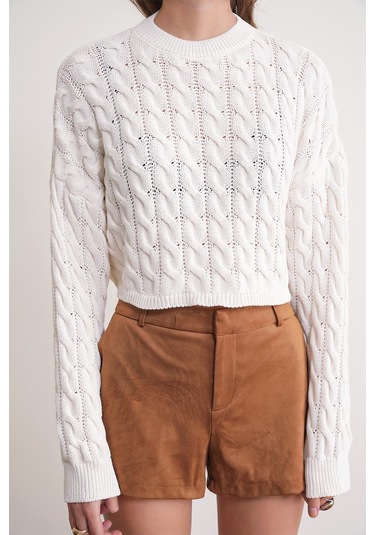 6863 Kadın Saç Örgülü Crop Triko Kazak Kemik Kemik