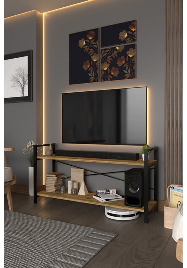 Exen Tv Ünitesi Dekoratif 2 Raflı Metal Ayaklı Tv Sehpası Atlantik Çam