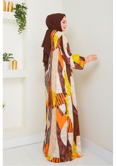 Milaz Boydan Düğmeli Dokuma Viskon Elbise 1501 - Turuncu Turuncu