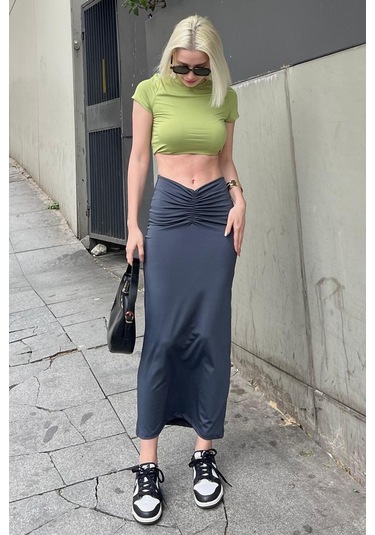 Madmext Füme Önden Büzgülü Midi Etek Mg2084 Füme