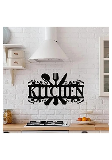 Metal Mutfak Duvar Dekoru - Kitchen Yazılı Dekoratif Metal Tablo Siyah
