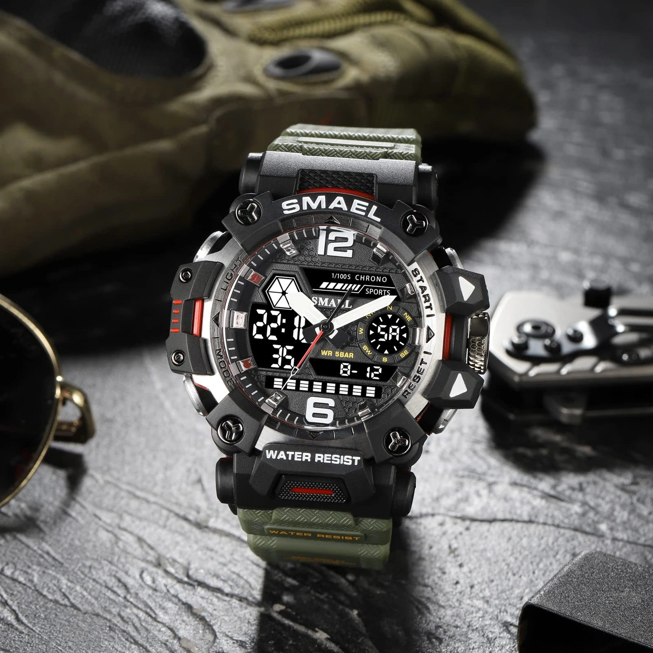 Geeroyoo Erkekler İçin Smael 8072 Askeri Stili Kronograf Alarm Stopwatch Sert Çarpıma Dayanıklı 3atm Su Geçirmez Led Işıklı Dış Mekan Kol Saati