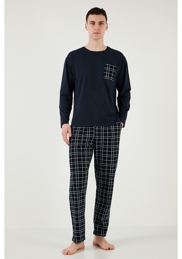 Buratti Ekoseli Cepli Beli Lastikli % 100 Pamuk Regular Fit Erkek Pijama Takımı 6572001 Lacivert-Yeşil