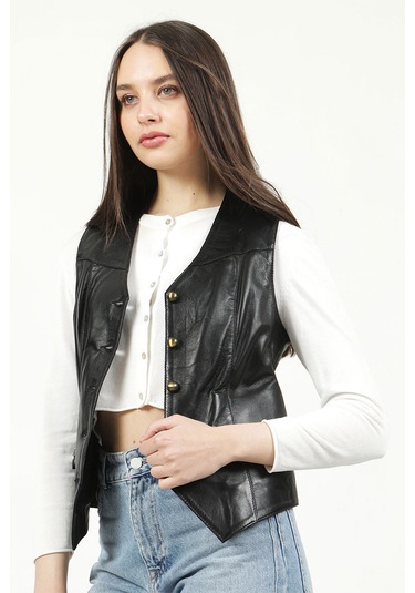 Dericlub Vittoria Kadın Düğmeli Slim Fit Hakiki Deri Yelek Siyah Siyah