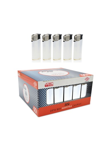 309 Manyetolu Çakmak Orta Boy Beyaz Promosyon Çakmak 50'li