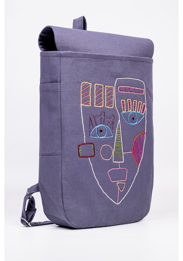 Fabric Craft Bag Sırt Çantası Pamuklu Nakışlı Figür Desen Mor