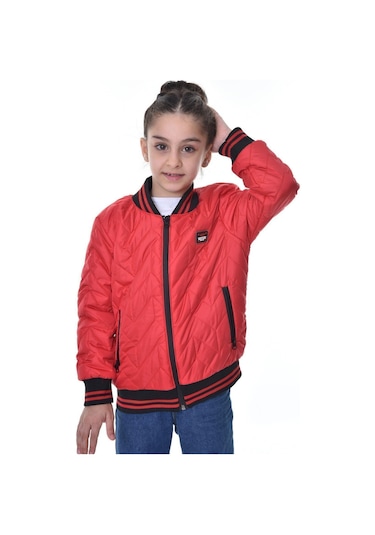 Kız Çocuk Kolej Yaka Astarlı Su Ve Rüzgar Geçirmez Fermuarlı Mont Ceket Kırmızı