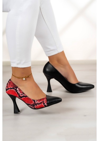 Jatqılı Plus Kırmızı Yılan Kadeh Topuklu Ayakkabı Siyah - Kırmızı