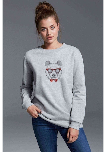 Payonlu Gözlüklü Ayı Baskılı Gri Kadın Sweatshirt