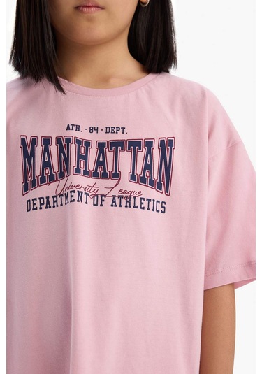 DeFacto Kız Çocuk Oversize Geniş Kalıp Bisiklet Yaka Baskılı Kısa Kollu Yazlık Elbise E5805A825HSPN86