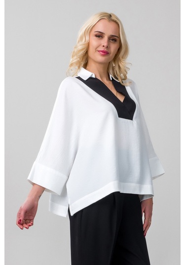 Kadın Gömlek Yakalı Yaka İndigo Mavi Kol Ucu Manşetli İnce Kot Kumaş Bluz Beyaz