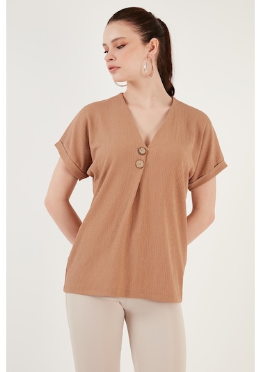 Lela Düğme Detaylı V Yaka Bayan Bluz 5865567 Bisküvi