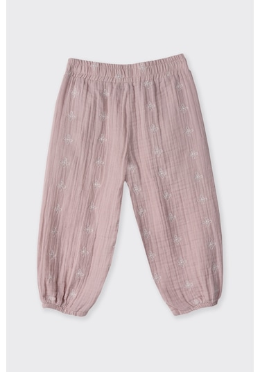 Panço Kız Çocuk Baskılı Müslin Pantolon Bej Pembe