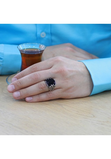 Markazit Taş İşlemeli Siyah Bombeli Oniks Taşlı 925 Ayar Gümüş Erkek Yüzük