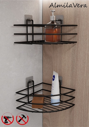 Ömür Boyu Paslanmaz Yapışkanlı Banyo Rafı Düzenleyıcı 2 Adet Mat Siyah Köşelik Şampuanlık Siyah