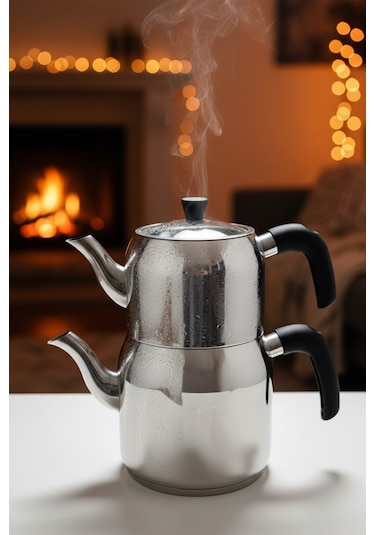 Yunusoğlu Home Hanzade Aile Boy Paslanmaz Çelik Çaydanlık Parlak Gümüş, Ergonomik Saplı, Yüksek Isı Dayanımlı Gri