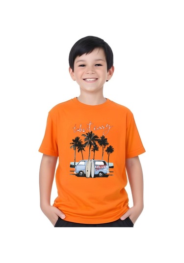 Summer Van Baskılı Erkek Çocuk Yuvarlak Yaka Kısa Kollu T-shirt Turuncu