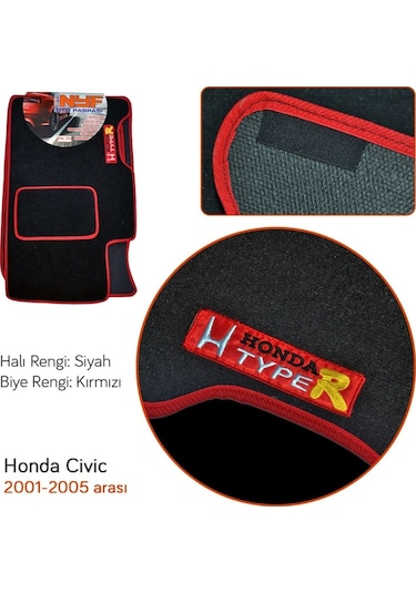 Nyf Honda Civic 2001-2005 Siyah Halı Paspas (Biye Kırmızı)