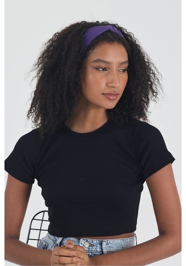 Siyah Kısa Kol Bisiklet Yaka Vücuda Oturan Kaşkorse Crop + Bandana Set %100 Pamumklu, Esnek Rahat Siyah-mor