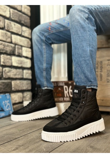 Pabucmarketi Bağcıklı Paraşüt Kumaş Siyah Detaylı Erkek Spor Bot Siyah Beyaz Taban Çok Renkli