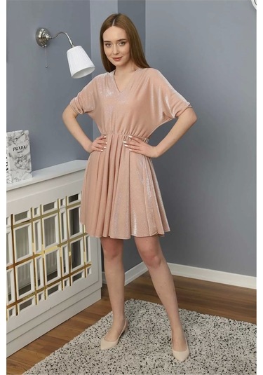 Beli Lastikli V Yaka Elbise 1765-pudra Pudra